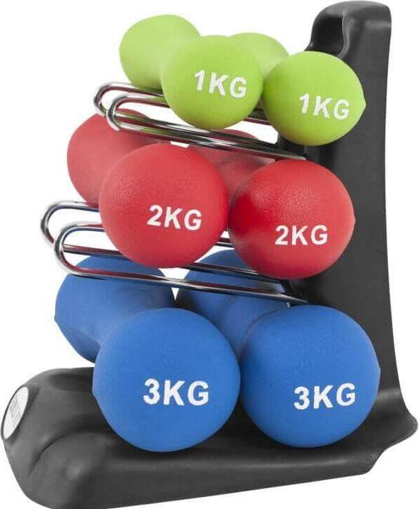 Produktbild Gorilla Sports Kurzhantelset mit Ständer (2 x 1 kg, 2 x 2 kg, 2 x 3 kg)