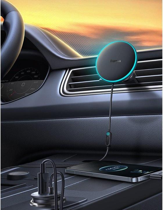 Actual product image Baseus Magnetic Car Phone Holder CW01 to Ventilation Grid with car charger USB-A, 15W + 25W (black)