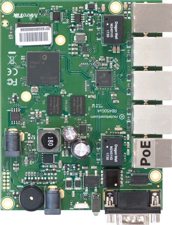 Produktbild MikroTik RB450Gx4, RouterBOARD 450Gx4 with four core 716MHz Atheros CPU, 1 GB RAM
