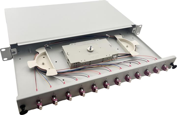Actual product image Helos FO 19" splice box 12 x LC Duplex OM4, ready to splice, grey
