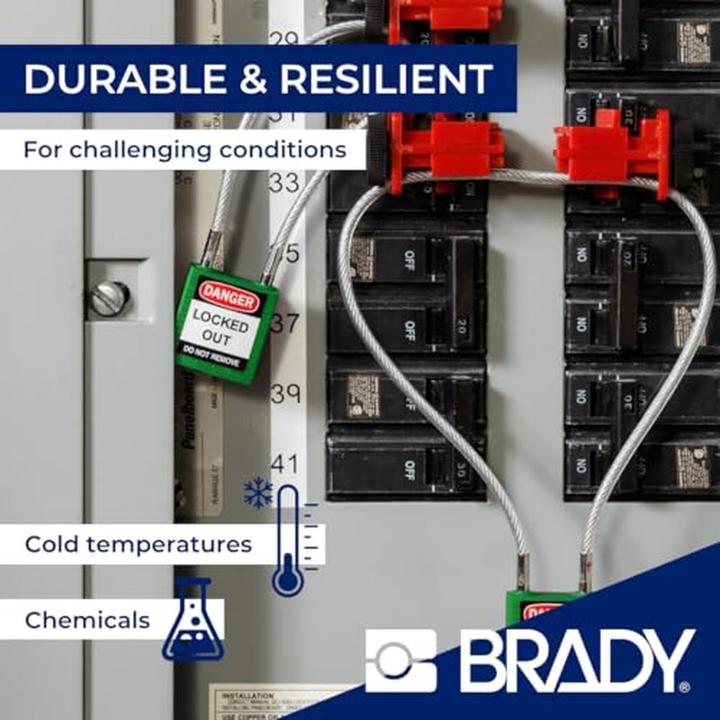 Actual product image Brady Compact nylon safety lock with cable shackle, blue, 200mm cable length, 4.7mm PVC-coated