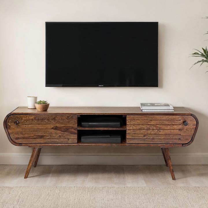 Produktbild FineBuy Lowboard TV Board Sheesham Massivholz 160 cm Retro Schubladen Fächer (160 x 45 x 50 cm)
