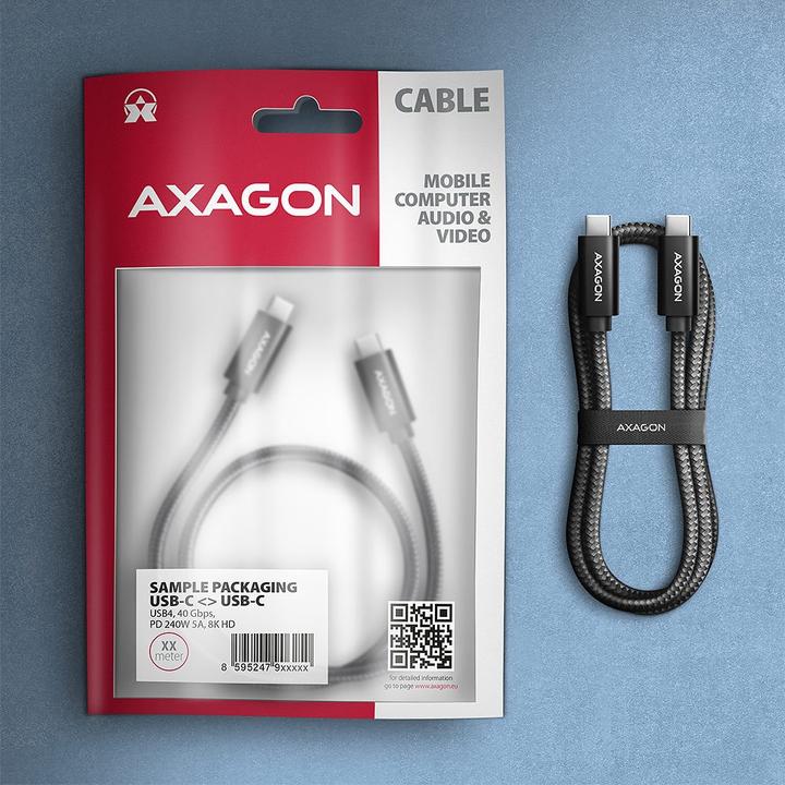 Actual product image Axagon BUCM4X-CM10AB Cable USB-C - USB-C, USB4 Gen 3x2 1m, PD 240W, 8K HD, ALU, oplot Czarny (1 m, USB 3.2 Gen 2x2, 240 W)