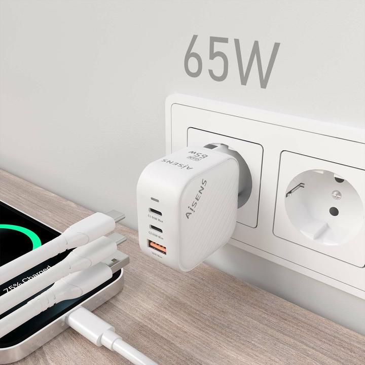 Produktbild Aisens CARGADOR GAN 65W 2XUSB-C PD3.0 QC4.0 1XUSB-A QC3.0 BLANCO (65 W, 3 Ports)