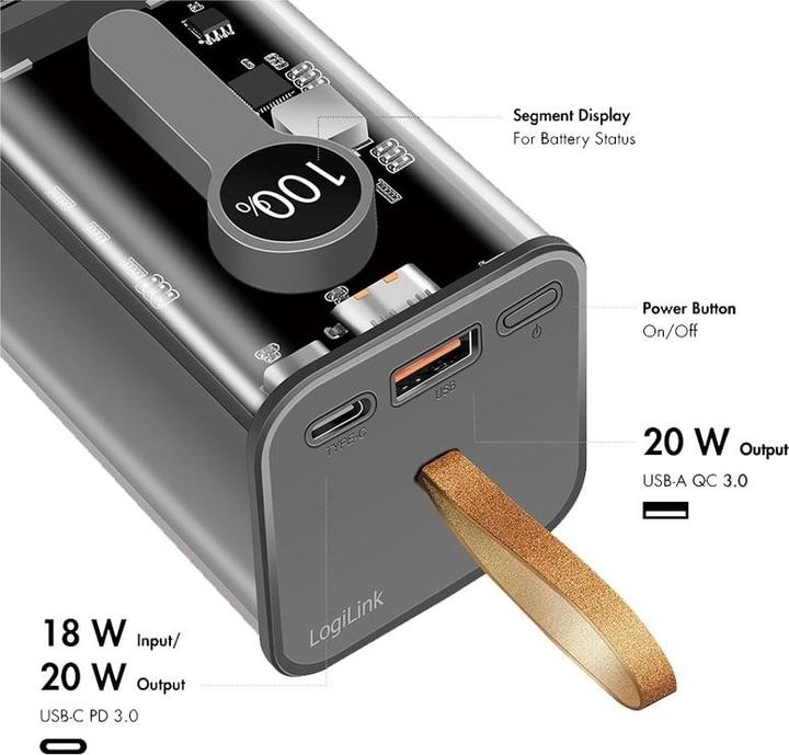 Produktbild LogiLink PowerBank 20.000mAh transparent (20000 mAh, 20 W, 74 Wh)