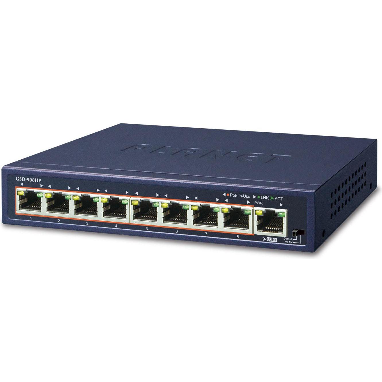 Planet 8-Port 10/100/1000Mbps 802.3at PoE + 1-Port (9 Ports), Netzwerk Switch, Schwarz