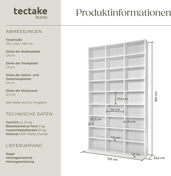 Immagine prodotto tectake Scaffale per i media (102 x 23,5 x 180 cm)