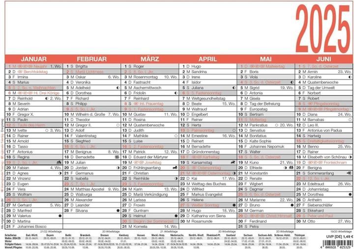Calendrier des jours fériés 2025 blanc/rouge, 29,7x21cm, calendrier poster avec aperçu annuel, 6 (A4, Couverture rigide, Allemand)