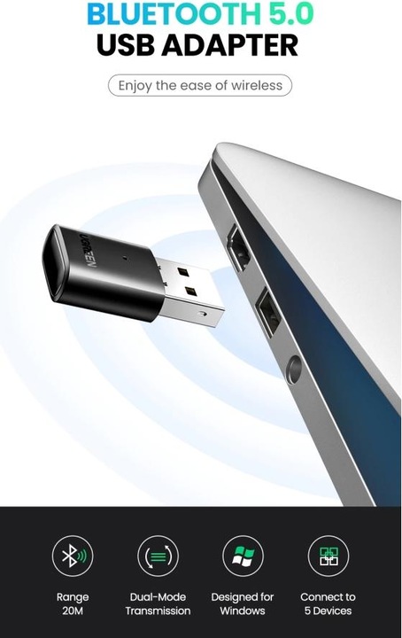 Actual product image Ugreen Bluetooth 5.0 USB Adapter (Transmitter & Receiver)