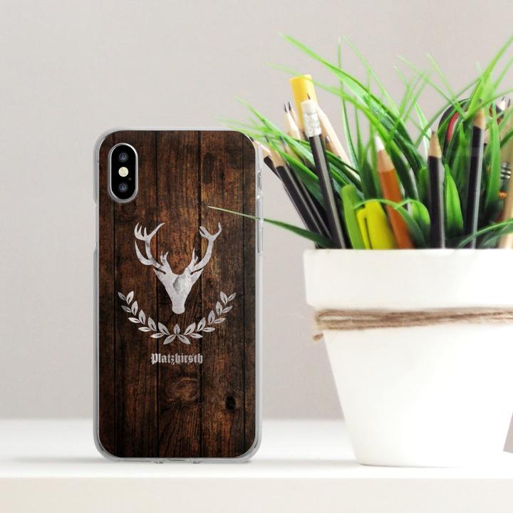 Produktbild DeinDesign Silikon Hülle für Apple iPhone X Handyhülle Case Smartphone Schutzhülle Hirsch Holz Holzoptik (Apple iPhone X)