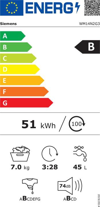 Etichetta energetica Siemens WM 14 N 2 G 3 Lavatrice (BC) B 7kg 1400U speedPack L Programma esterno (7 kg, A sinistra)