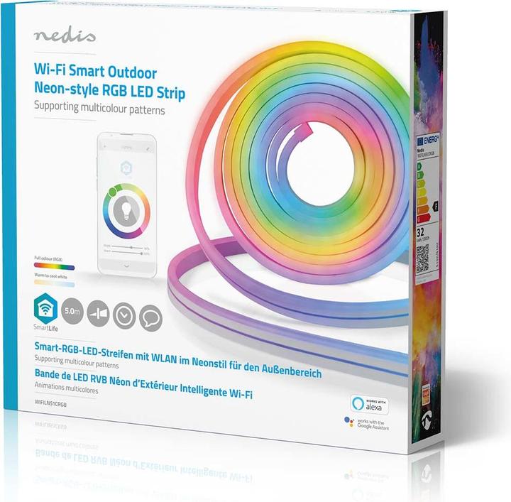Image du produit Nedis WIFILN51CRGB Smart Full Color LED pásek Wi-Fi | Více barev | 5000 mm | IP65 | 960 lm, F (Multicolore, 500 cm, Extérieur, Intérieur)