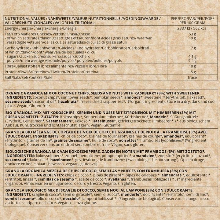 Nutritional values and ingredients Go-Keto Keto Organic Granola Raspberry (290 g)