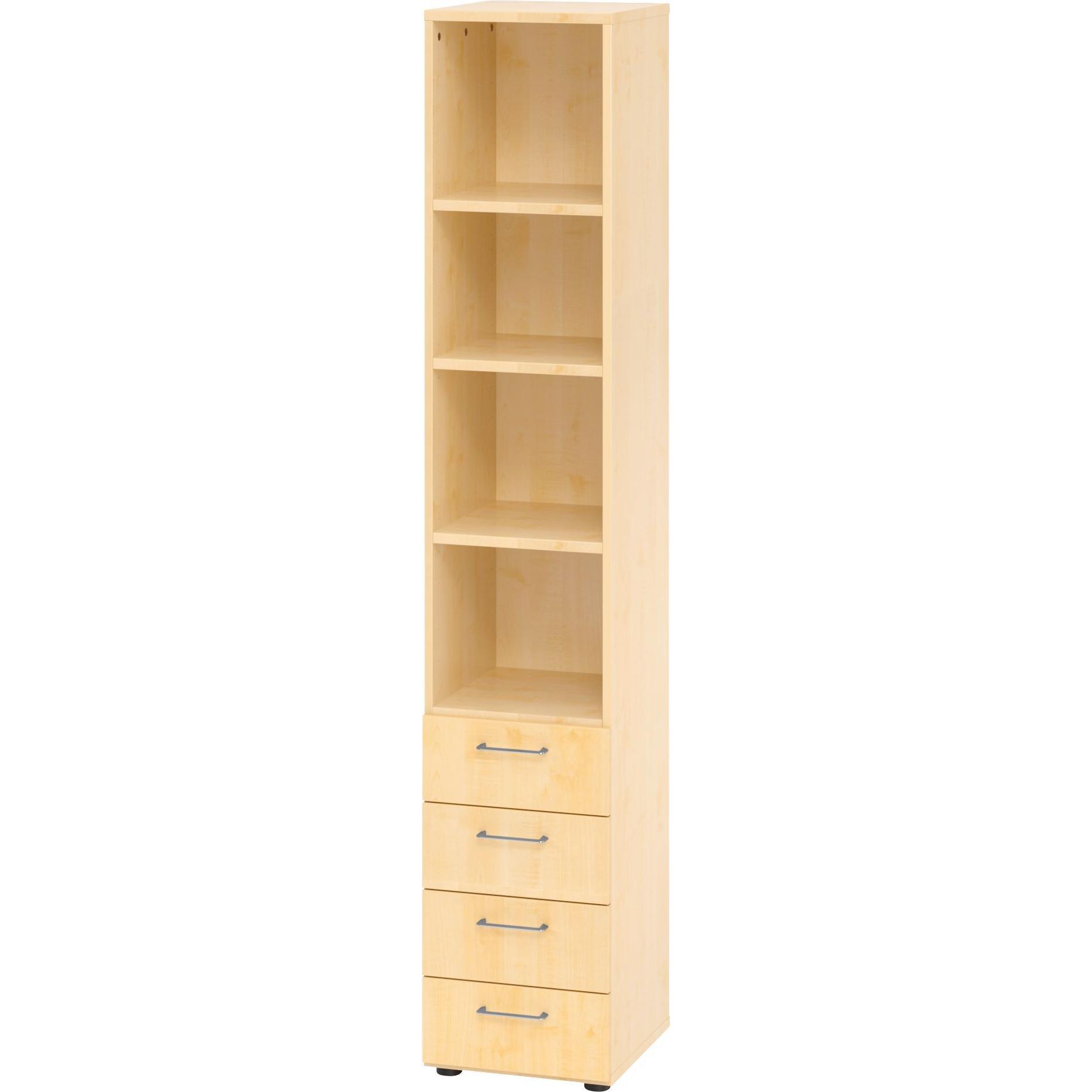 0, Aktenschrank, Regal 6OH, 4 Schübe, BS Ahorn/Ahorn