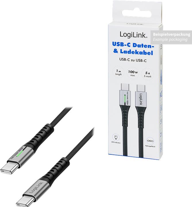 Produktbild LogiLink USB 2.0 Type-C-Kabel, C/M zu C/M, 480 Mbit/s, 100W, LED, Nylon, Metal, schwarz, 1 m (1 m, USB 2.0, 100 W)