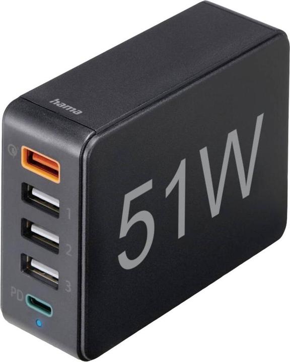 Actual product image Hama Quick charger 5 ports, 1x QC 3.0, 3x USB-A, 1x USB-C PD, 51 W, Black (51 W)