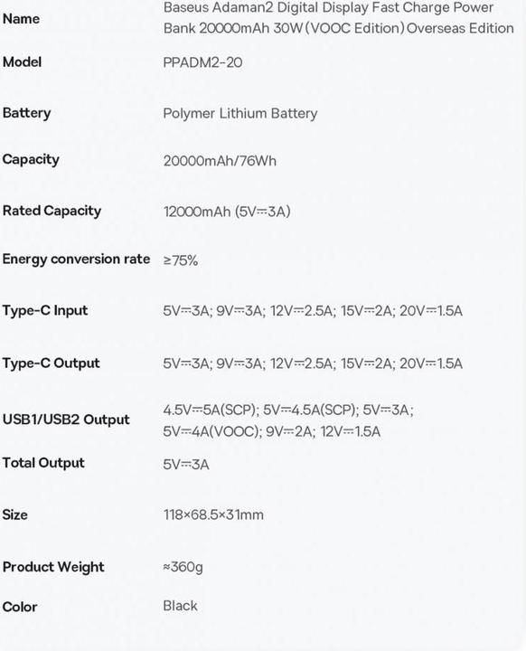 Image du produit Baseus Adaman 2 (20000 mAh, 30 W, 76 Wh)