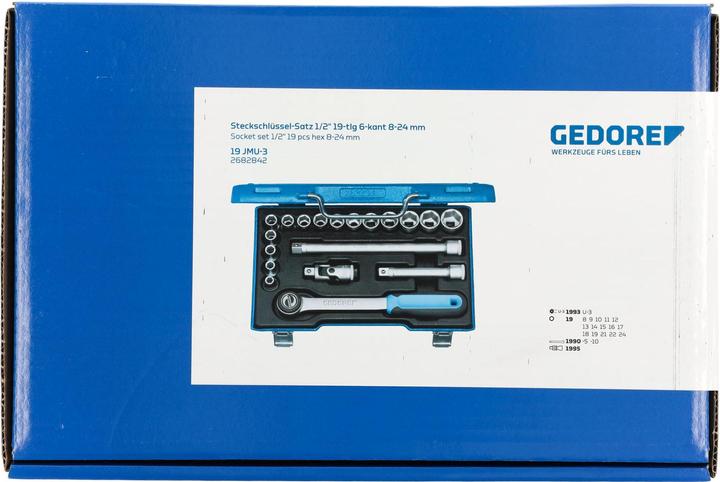 Produktbild Gedore 19 JMU-3 Steckschlüssel-Satz 1/2", 19-teilig, 6-kant, 8-24 mm (10 mm, 9 mm, 14 mm, 13 mm, 24 mm, 21 mm, 22 mm, 18 mm, 12 mm, 8 mm, 15 mm, 16 mm, 11 mm, 17 mm, 19 mm)