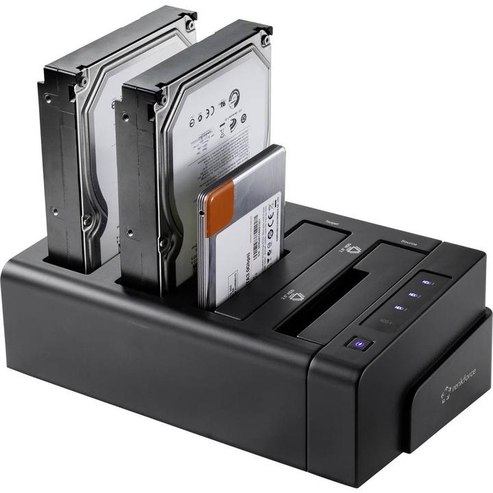 Actual product image Renkforce 2.5 3.5-inch USB 3.2 HDD docking station, 4 ports, with cloning from 1 to 3 (Docking port (proprietary))