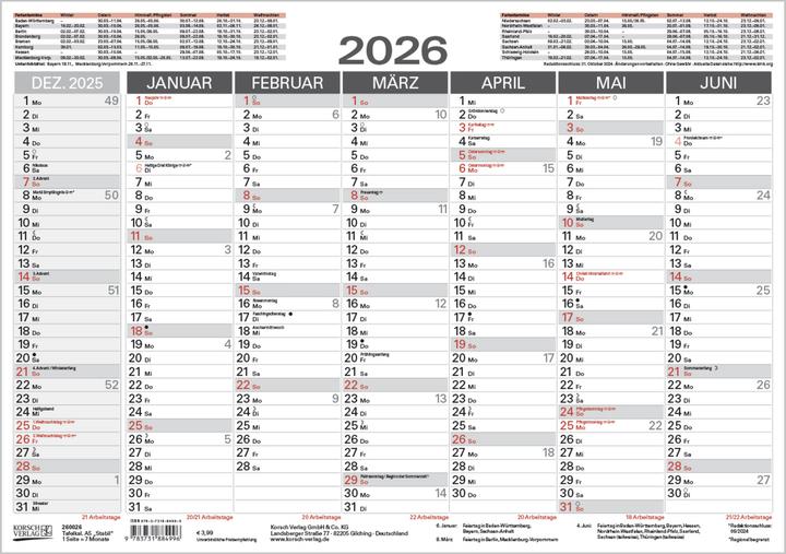 Produktbild TafelkalenderA5'Stabil'2026 (A5)