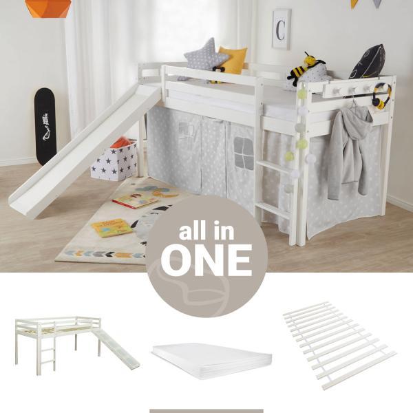 Immagine prodotto Homestyle4u Letto a soppalco Letto da gioco Letto per bambini con rete a doghe, materasso, scala e scivolo (90 x 200 cm)