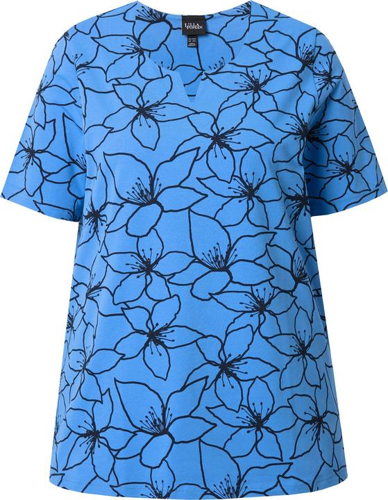 Image du produit Ulla Popken T-shirt à fleurs. Manches courtes et col tunisien. Coupe évasée (60)