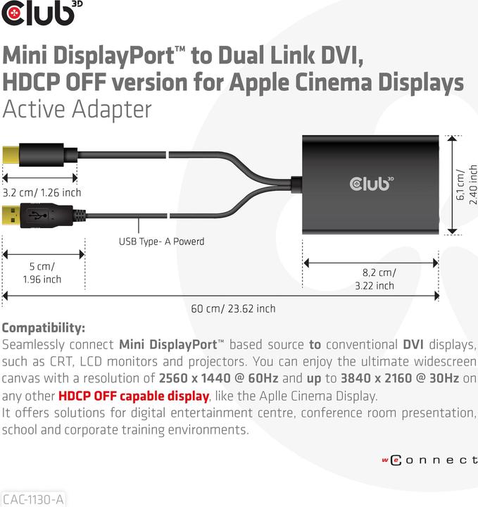 Actual product image Club 3D Adapter Cable CAC-1130-A Mini DisplayPort - DVI-D (Mini DP, USB-A, 0.83 cm)