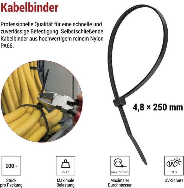 Produktbild Emos Kabelbinder 250×4,8, schwarz, 100 Stk (Kunststoffkabelbinder, 250 mm, 100 Stk.)
