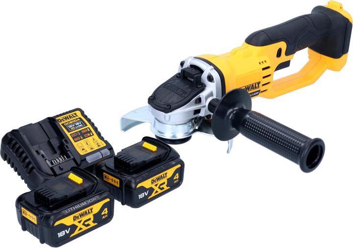 1x DeWalt DCG 412 Akku Winkelschleifer, 1x Seitenhandgriff, 1x Schutzhaube, 1x Stirnlochschlüssel, 2x DeWalt DCB 182 18 V 4,0 Ah Akku, 1x DeWalt DCB 1104 Schnellladegerät