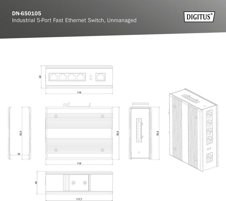 Actual product image Digitus Industrial 5-Port Fast Ethernet Switch (5 ports)