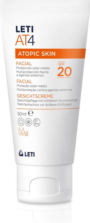 Produktbild Leti AT4 Atopic Skin SPF 20 Gesichtscreme mit mittlerem Sonnenschutz, 50 ml Creme (Reinigungsmilch, 50 ml)