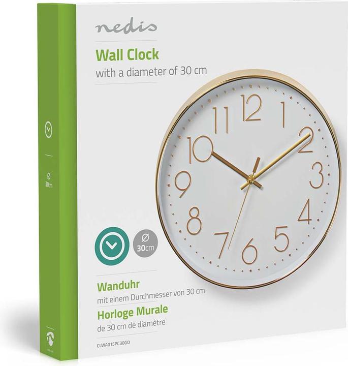Actual product image Nedis CLWA015PC30GD Circular Wall Clock, Diameter 30 cm, Easy to Read Numerals, Gold (30 cm)