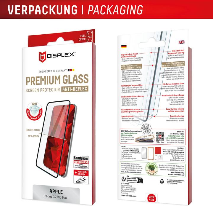 Immagine prodotto Displex Premium Glass, Full Cover Anti-Reflex Panzerglas (1 Pezzo/i, Apple iPhone 17 Pro Max)