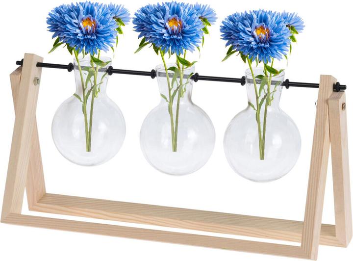 Image du produit Casativo Lot de 3 vases en verre sur support en bois, 14,5 x 30 x 7 cm