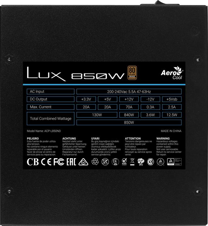 Produktbild AeroCool LUX 850W power supply unit 20+4 pin ATX Black - ATX (850 W)