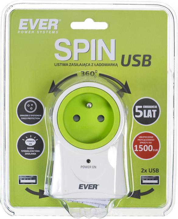 Immagine prodotto Ever SPIN T / LZ10-SPI000 / 0000 Presa multipla (1 x UTE, 2 x USB, 16 A (3680 W), bianco) (1x)