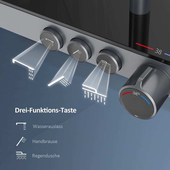 Actual product image Emke Thermostatic Shower System with Overhead Rain Shower, Hand Shower, and Lower Outlet, Black Metal
