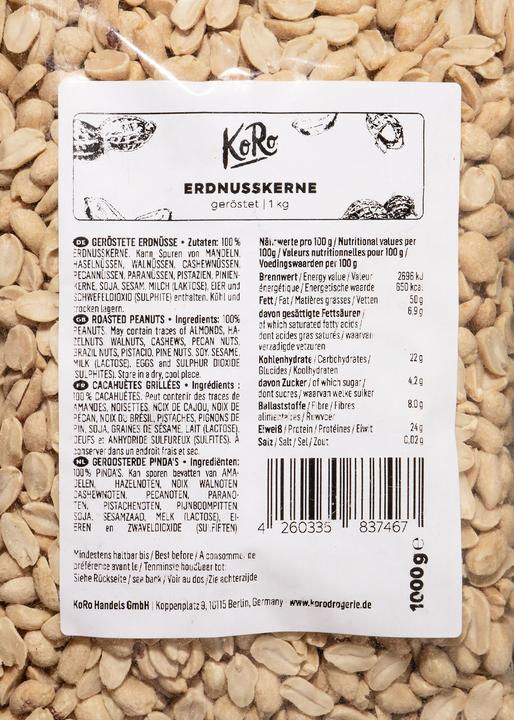 Nutritional values and ingredients KoRo Geröstete Erdnusskerne (1000 g)
