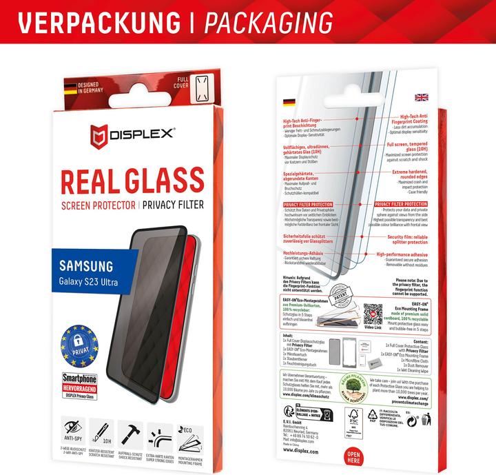 Actual product image Displex Real Glass, Privacy Full Cover Panzerglas (1 Piece, Samsung Galaxy S23 Ultra)