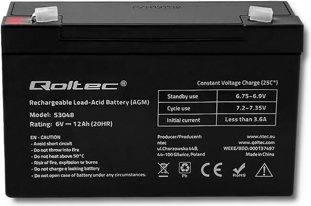 Actual product image Qoltec 53048 AGM battery| 6V| 12Ah - Battery - 12.000 mAh