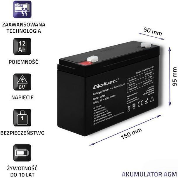 Actual product image Qoltec 53048 AGM battery| 6V| 12Ah - Battery - 12.000 mAh