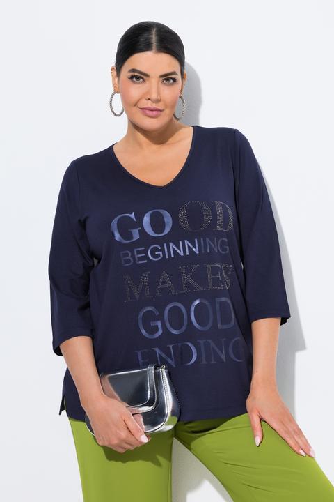 Produktbild Ulla Popken Shirt, Metallic-Schriftdruck, V-Ausschnitt, 3/4-Arm (50, 52)