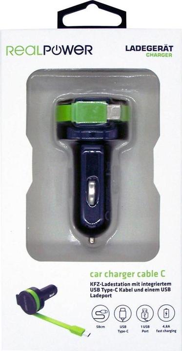 Produktbild RealPower Car Charger C integrated USB-C Cable+ 1x USB