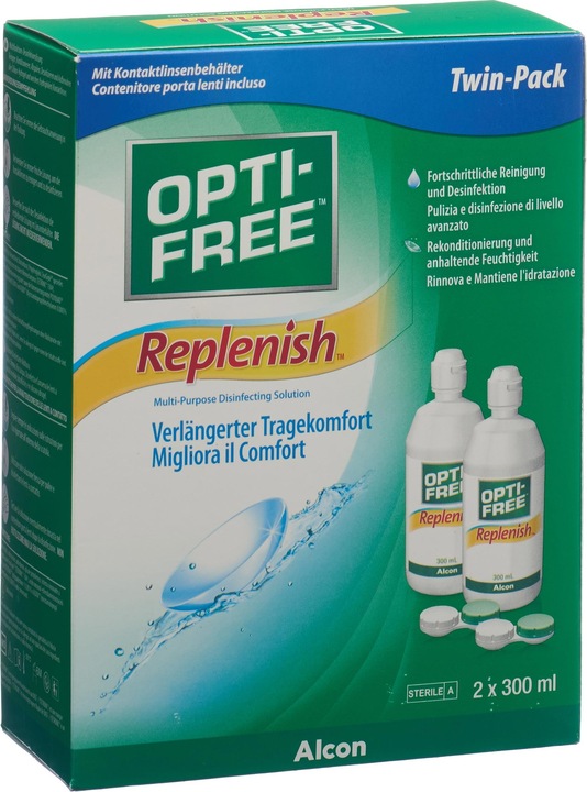 Immagine prodotto Opti Free Replenish, soluzione per la cura delle lenti a contatto, 2x300 ml (Tutto in Uno soluzione, 600 ml)