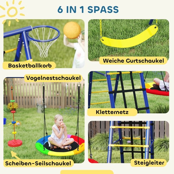 Image du produit Swisshandel24 Kinderschaukel-Set 6 in 1 Schaukelgerüst aus Stahl mit Gurtschaukel Nestschaukel
