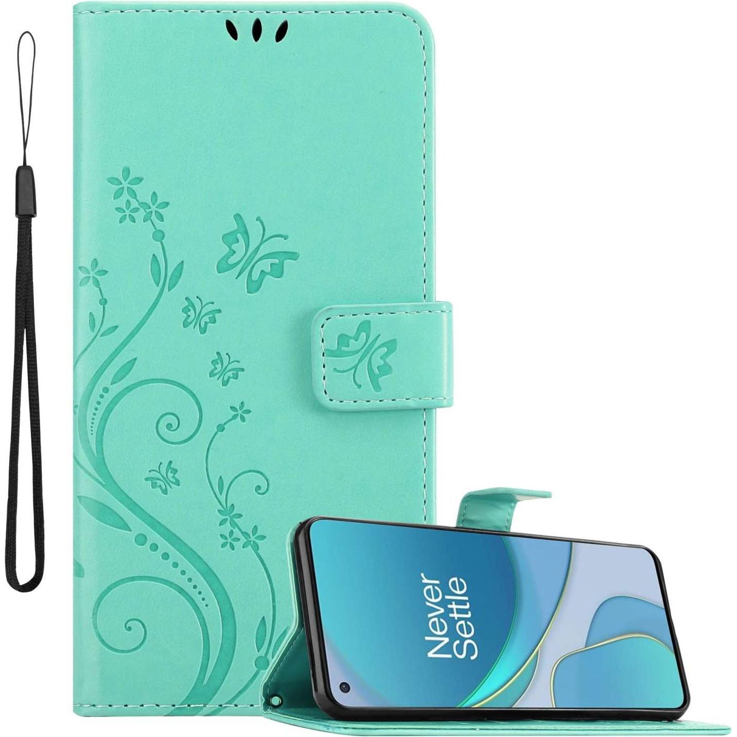 Cadorabo Hülle für OnePlus 8T mit Blumen Muster (OnePlus 8T), Smartphone Hülle, Türkis