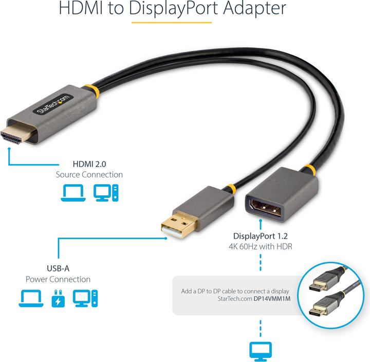 Image du produit StarTech com 1ft (30cm) HDMI to DisplayPort Adapter Cable, Active 4K 60Hz HDMI 2.0 to DP 1.2 Convert (0.30 m)