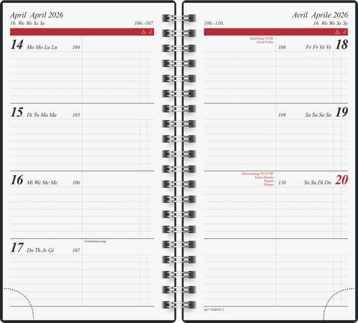 Produktbild rido/id 7014104906 | Taschenkalender Mod. Timing 2 2026 | A6, Kunststoff, schwarz (A6, Deutsch, Französisch, Italienisch, Englisch)