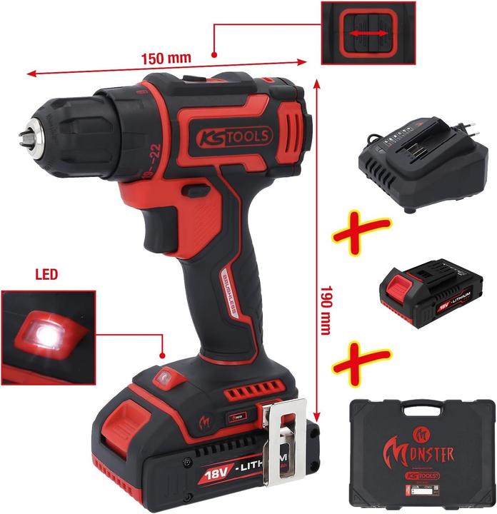 Produktbild KS Tools eMONSTER Brushless-Akku-Bohr-Schrauber-Satz, 4-tlg| 18 Volt, 2 Akkus und Ladegerät