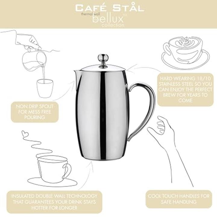 Image du produit Grunwerg Cafe Stal BPC15DW Bellux thermal wall collection 1810 stainless steel mirror finish cafetiere 12Cup